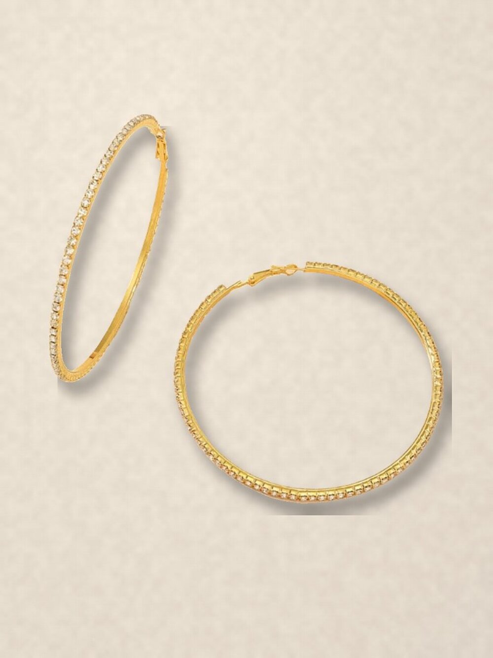 Gold Plated Large Thin Hoop Earrings with Rhinestone Inlay NWT
